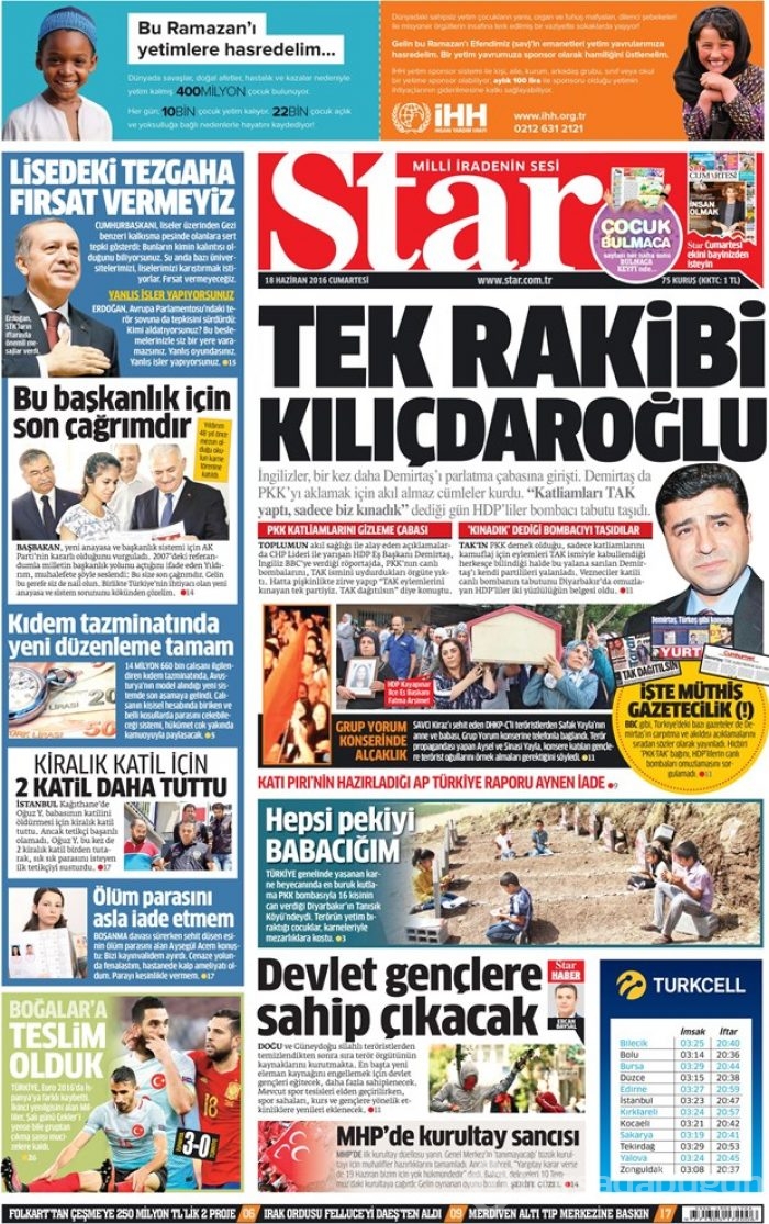 Günün gazete manşetleri - 18 Haziran 2016