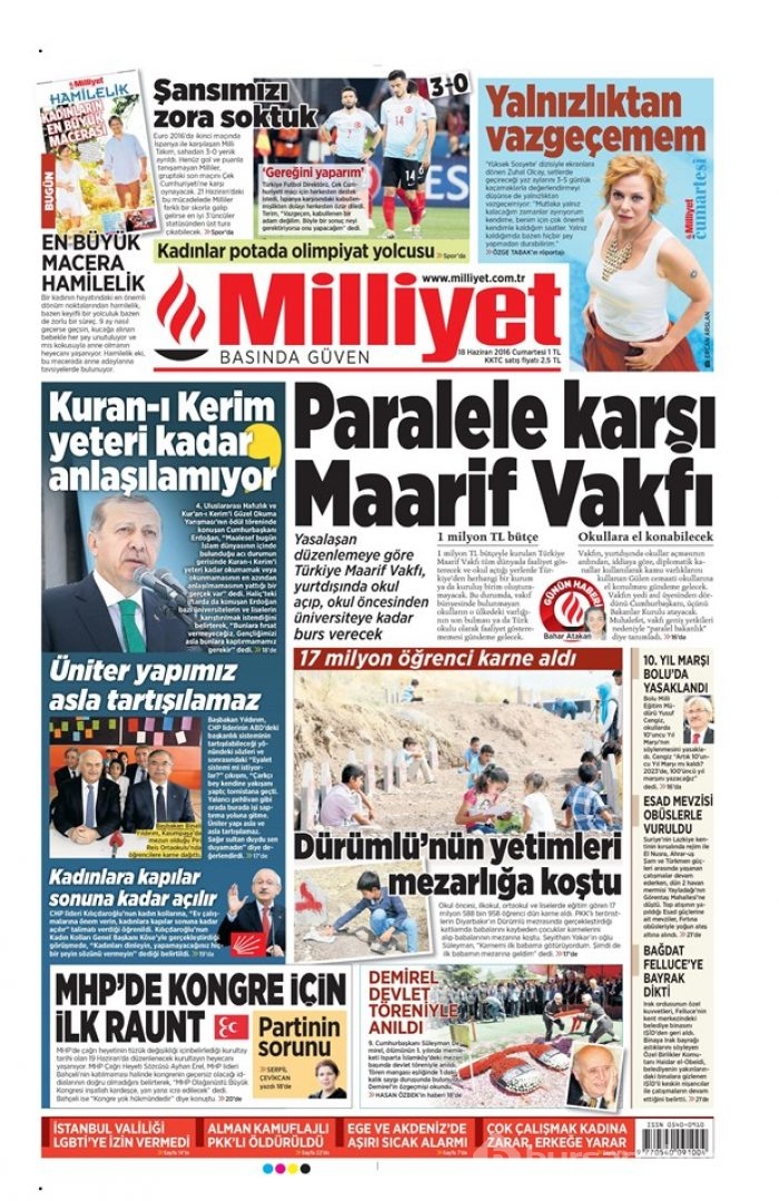 Günün gazete manşetleri - 18 Haziran 2016