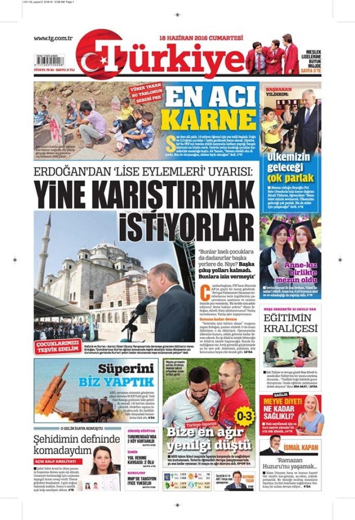 Günün gazete manşetleri - 18 Haziran 2016