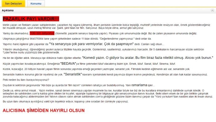 Sahibinden satılık hiç çekilmemiş film senaryosu!