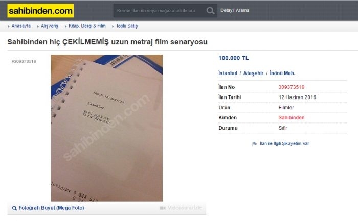 Sahibinden satılık hiç çekilmemiş film senaryosu!