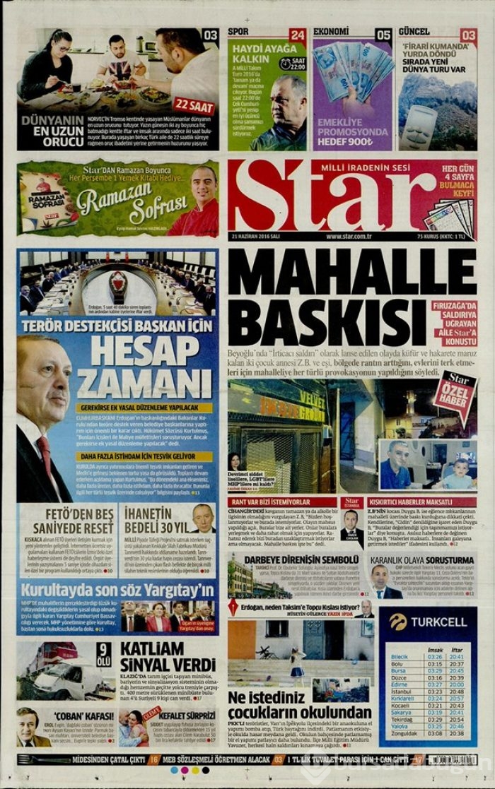 Günün gazete manşetleri - 21 Haziran 2016