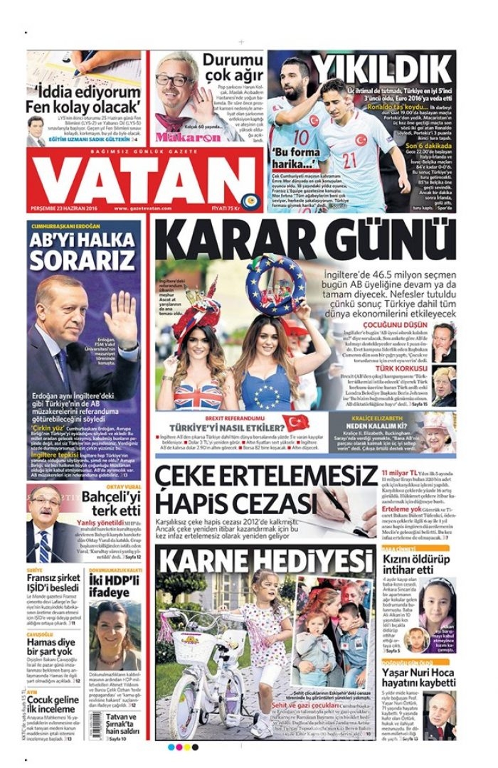 Günün gazete manşetleri - 23 Haziran 2016