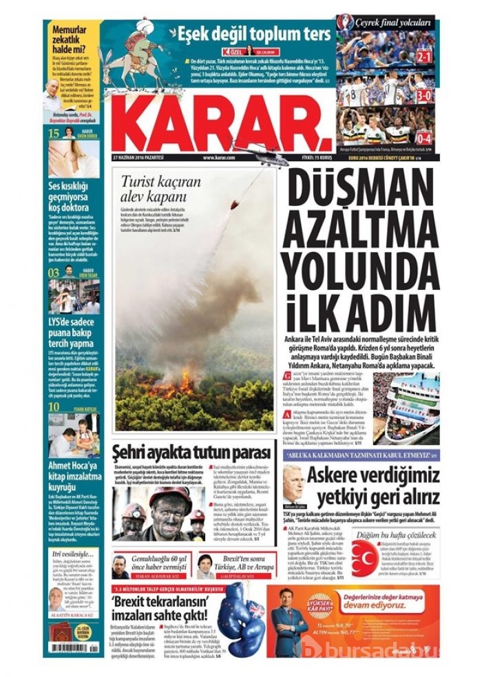 Günün gazete manşetleri (27 Haziran 2016)