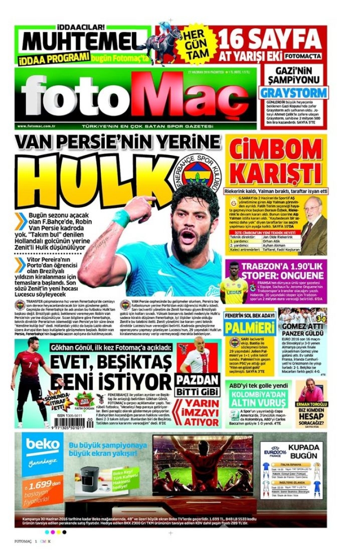 Günün gazete manşetleri (27 Haziran 2016)