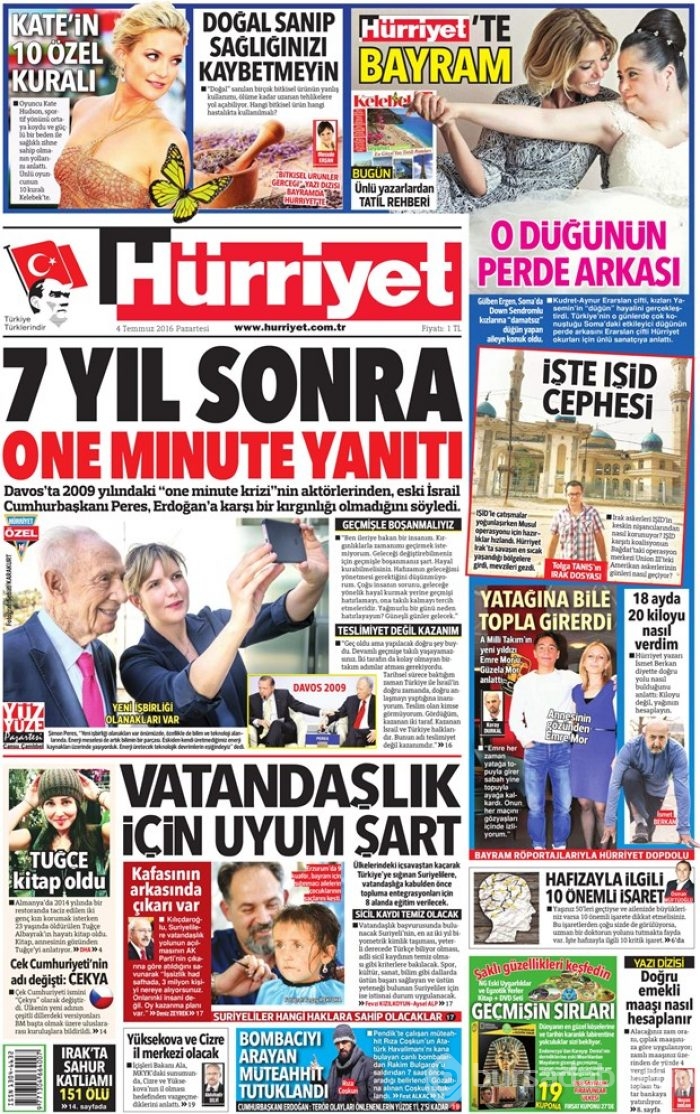 Günün gazete manşetleri (4 Temmuz 2016)