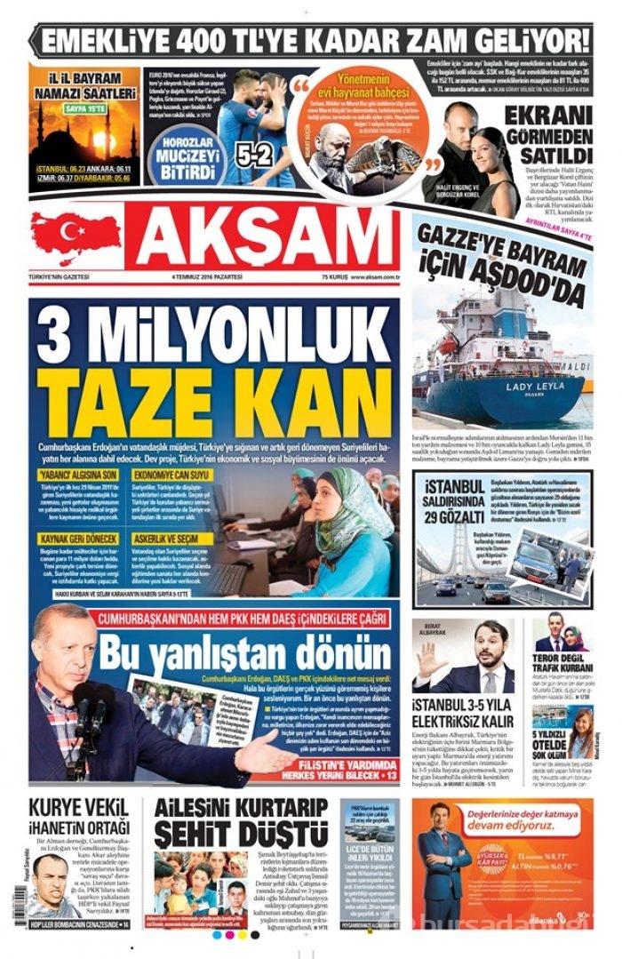 Günün gazete manşetleri (4 Temmuz 2016)