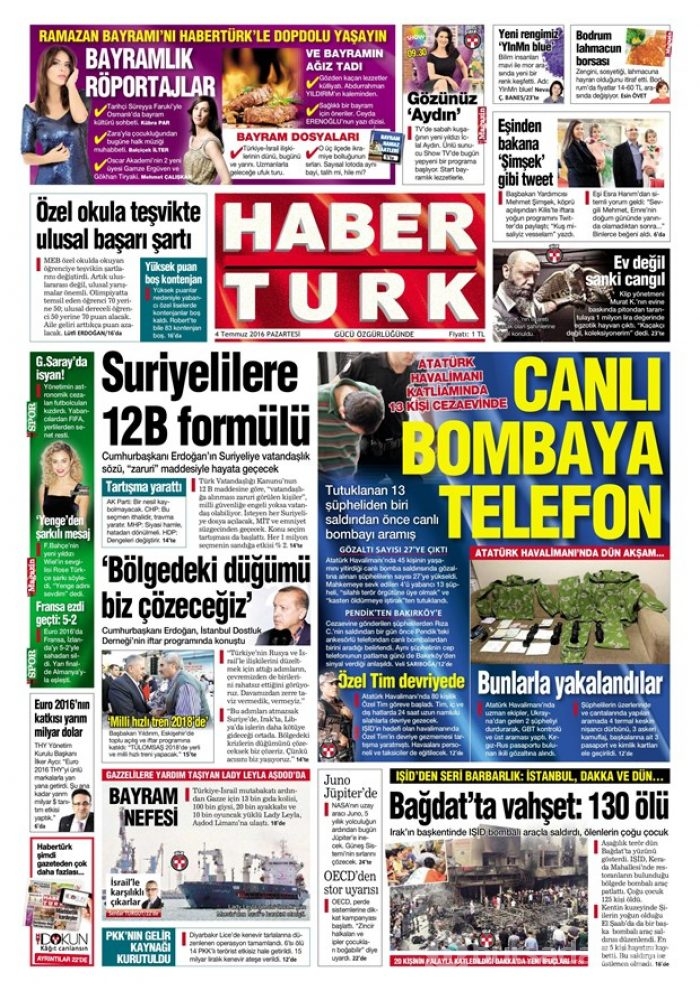 Günün gazete manşetleri (4 Temmuz 2016)