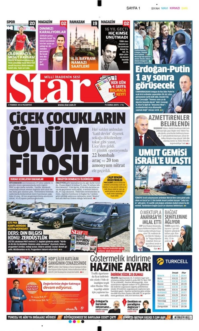 Günün gazete manşetleri (4 Temmuz 2016)