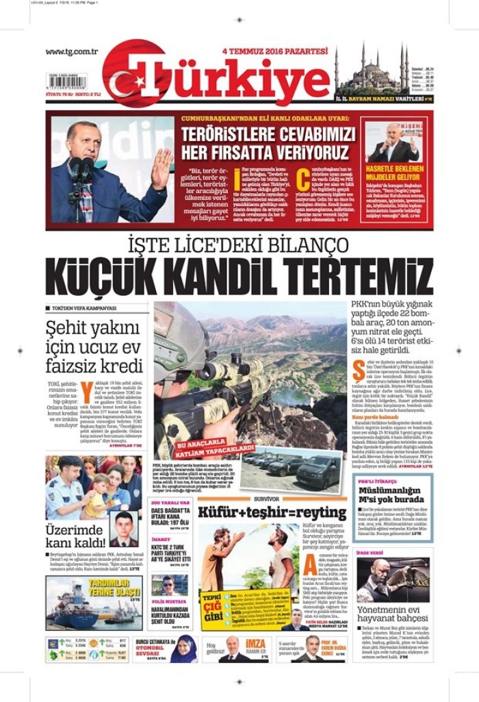 Günün gazete manşetleri (4 Temmuz 2016)