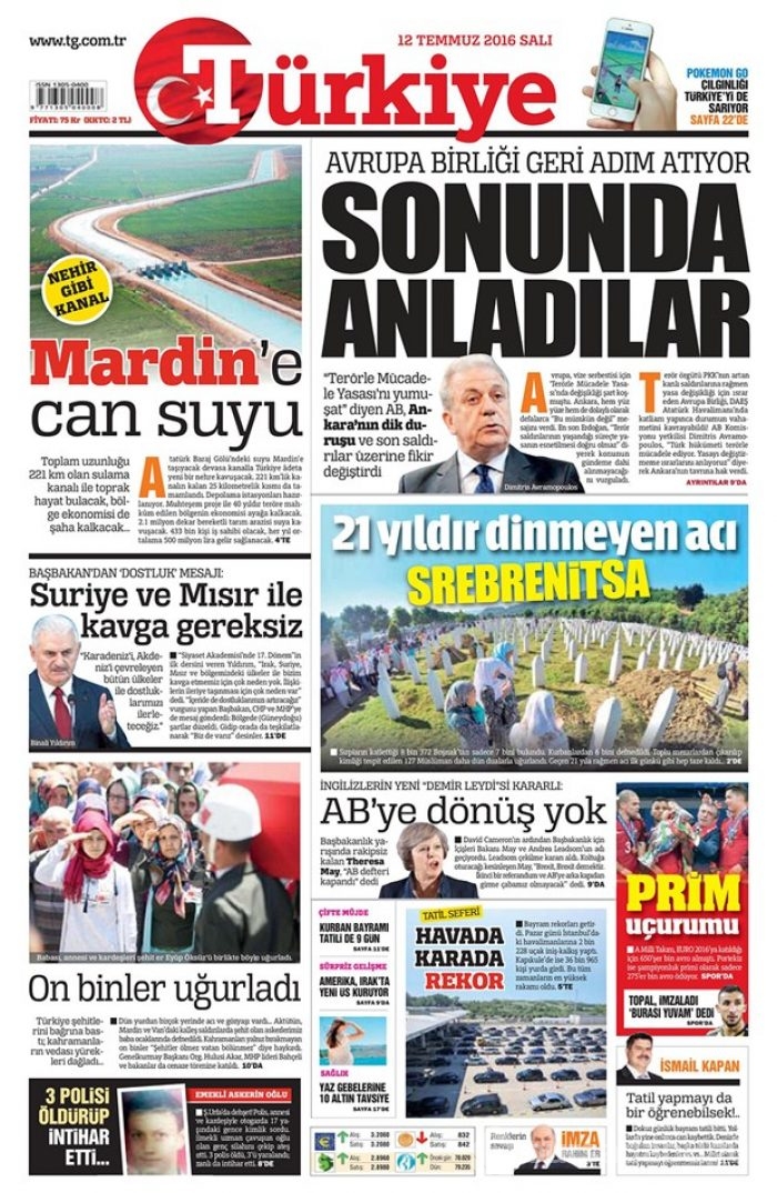 Günün gazete manşetleri - 12 Temmuz 2016