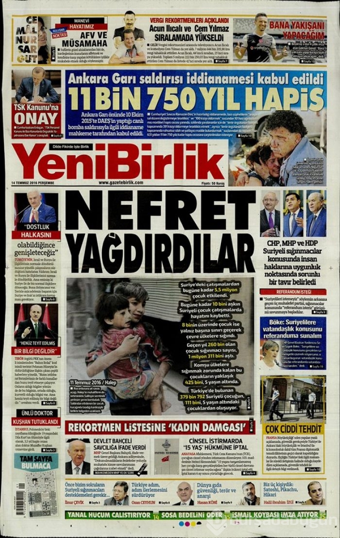 Günün gazete manşetleri 14 Temmuz 2016