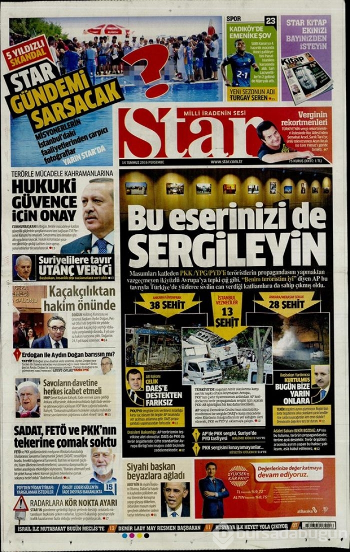 Günün gazete manşetleri 14 Temmuz 2016