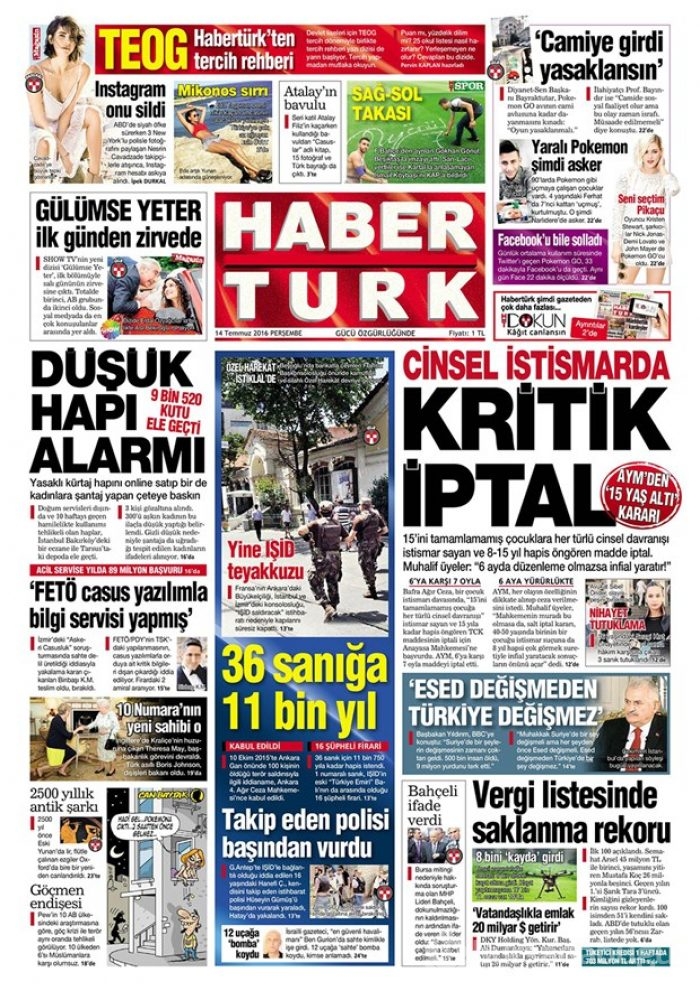 Günün gazete manşetleri 14 Temmuz 2016