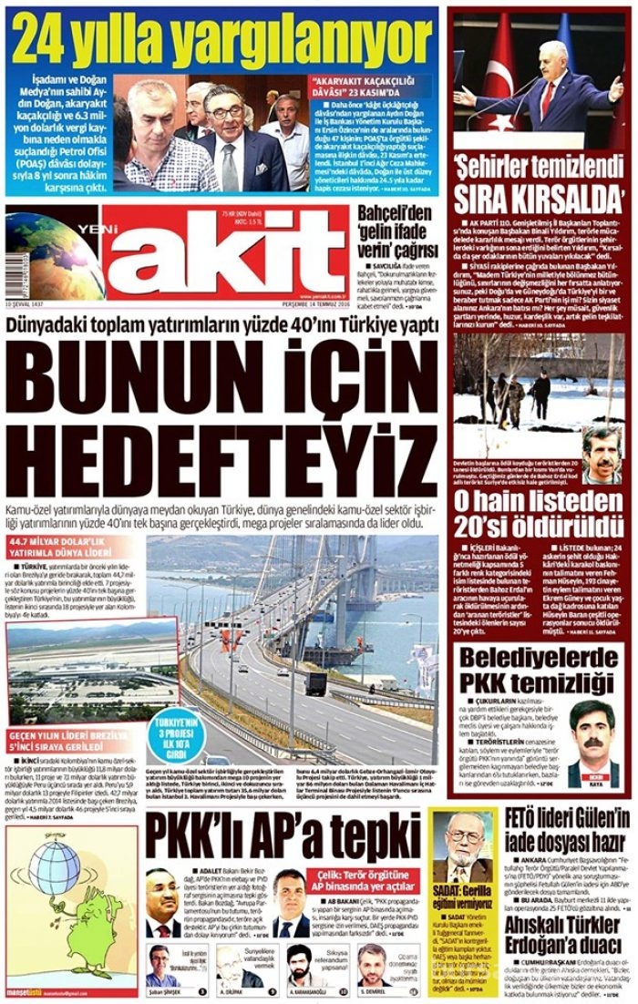 Günün gazete manşetleri 14 Temmuz 2016