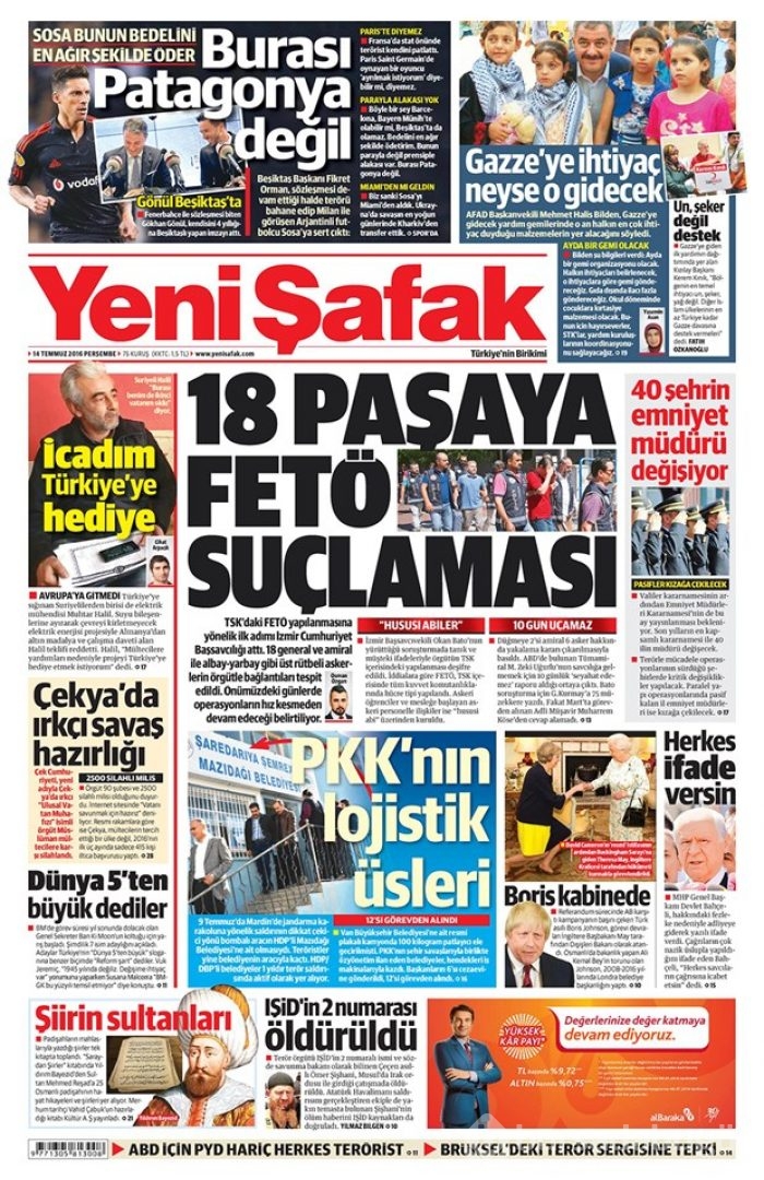 Günün gazete manşetleri 14 Temmuz 2016