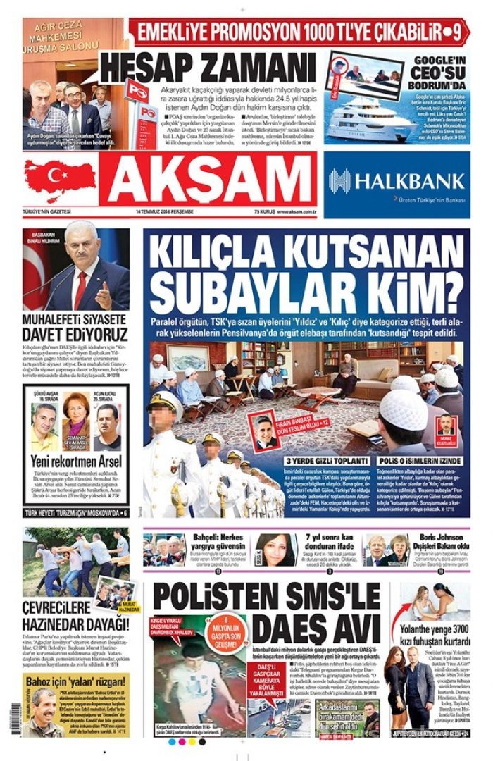 Günün gazete manşetleri 14 Temmuz 2016