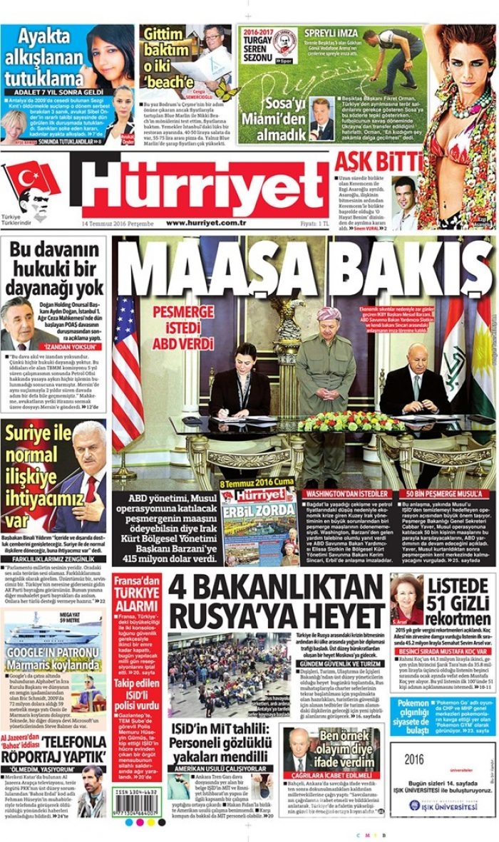 Günün gazete manşetleri 14 Temmuz 2016
