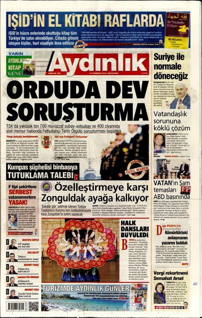 Günün gazete manşetleri 14 Temmuz 2016
