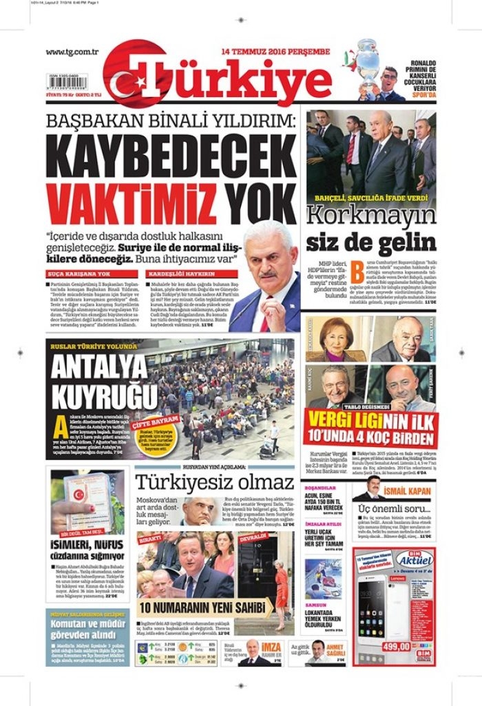Günün gazete manşetleri 14 Temmuz 2016
