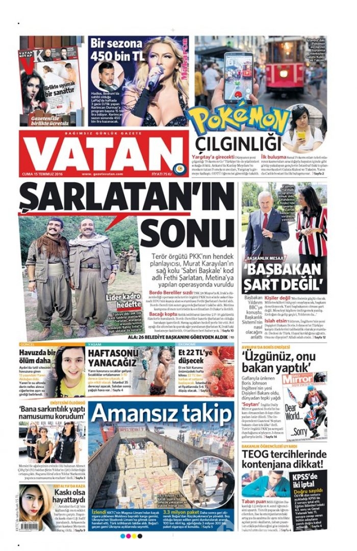 Günün gazete manşetleri 15 Temmuz 2016