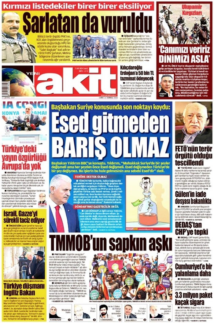 Günün gazete manşetleri 15 Temmuz 2016