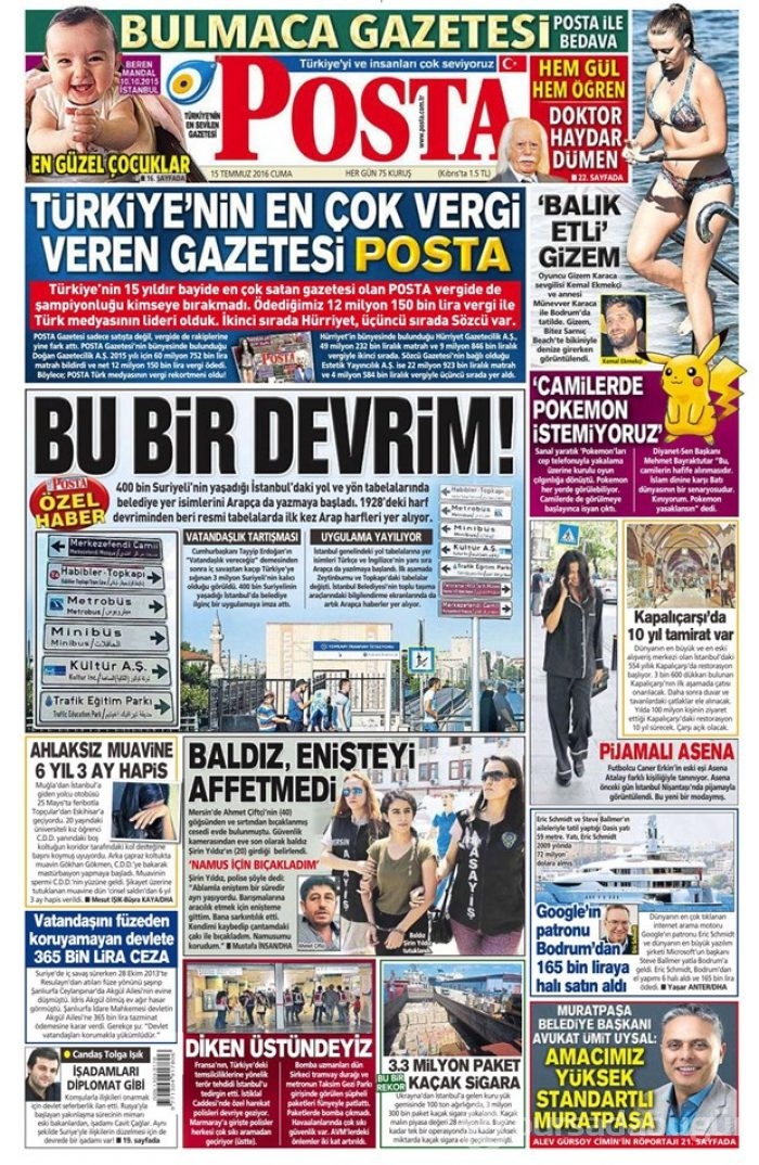 Günün gazete manşetleri 15 Temmuz 2016