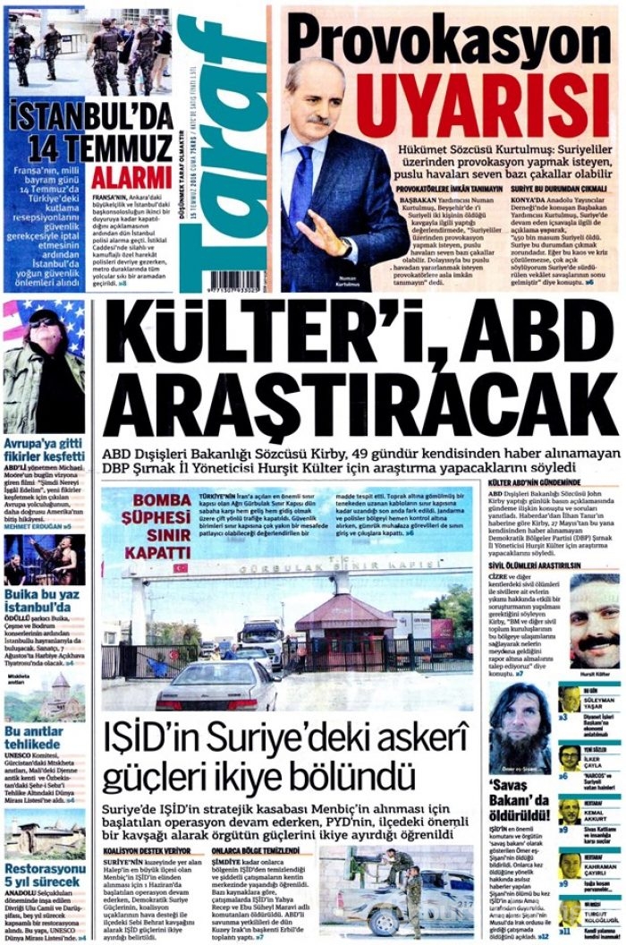 Günün gazete manşetleri 15 Temmuz 2016