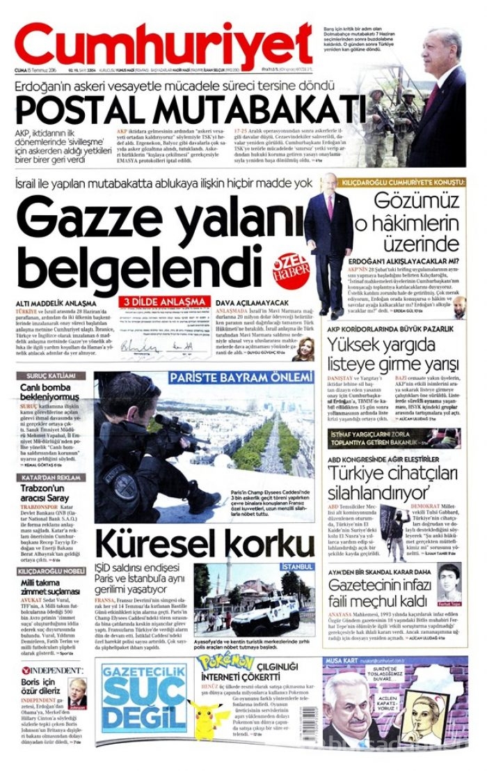 Günün gazete manşetleri 15 Temmuz 2016