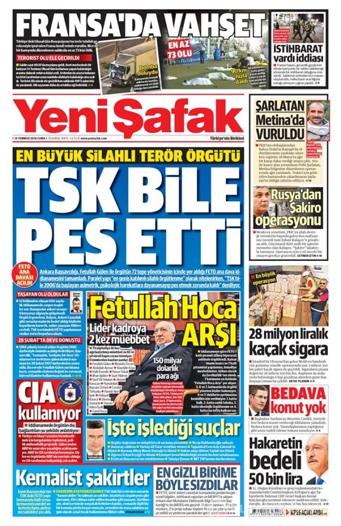 Günün gazete manşetleri 15 Temmuz 2016