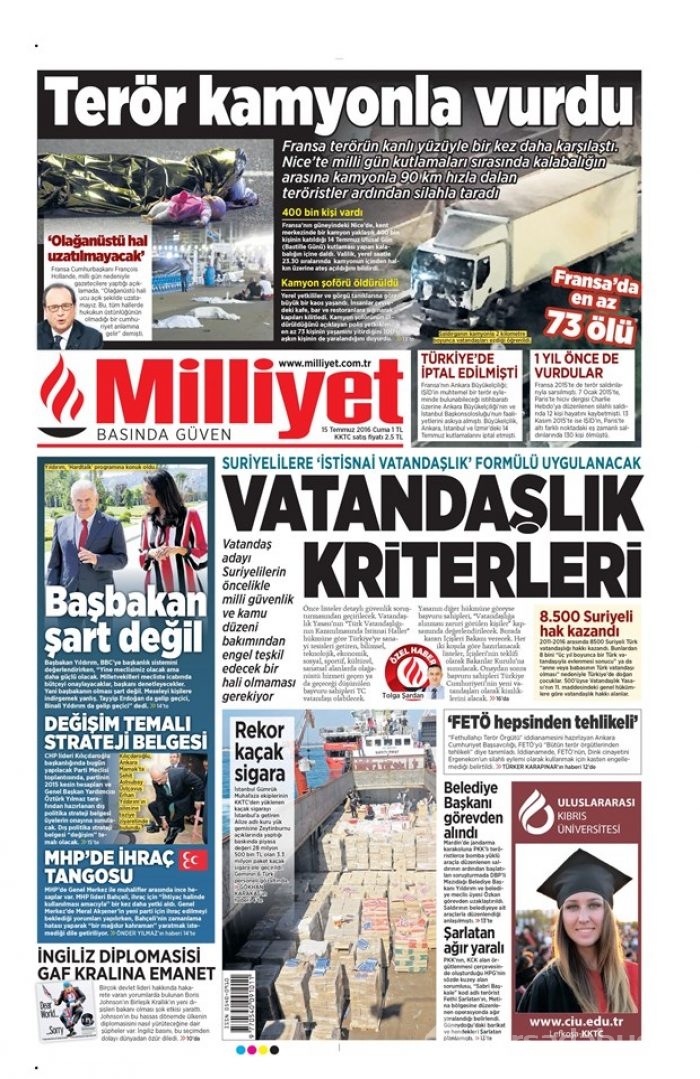 Günün gazete manşetleri 15 Temmuz 2016
