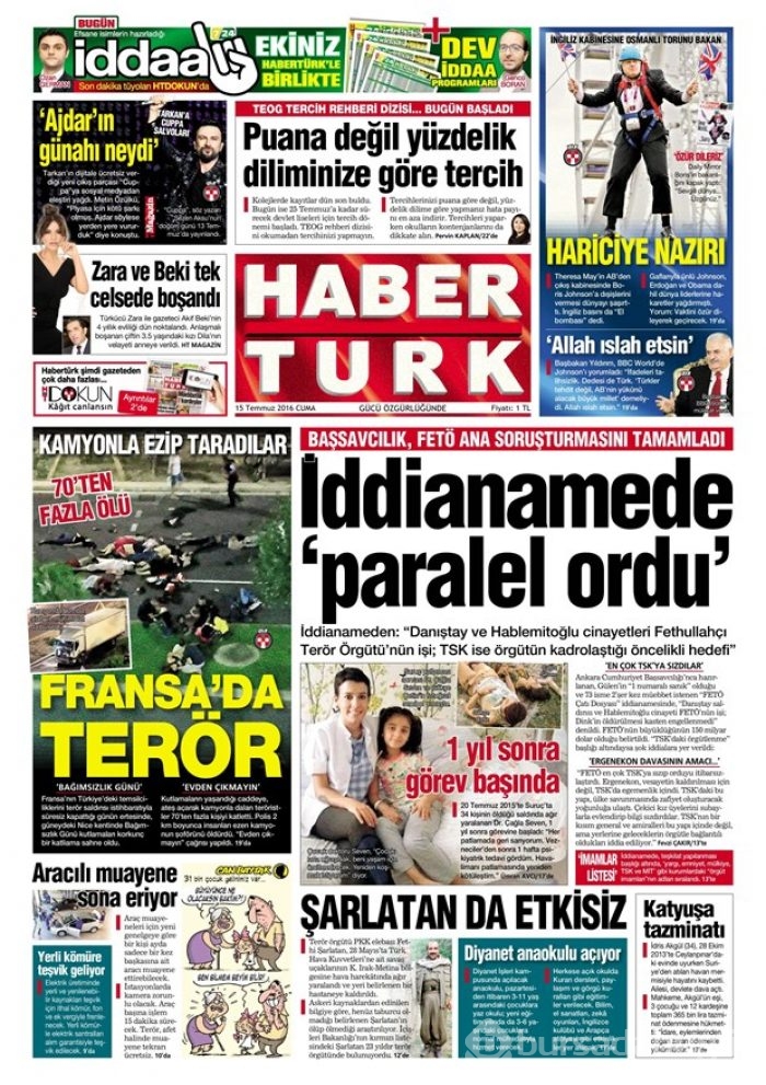 Günün gazete manşetleri 15 Temmuz 2016
