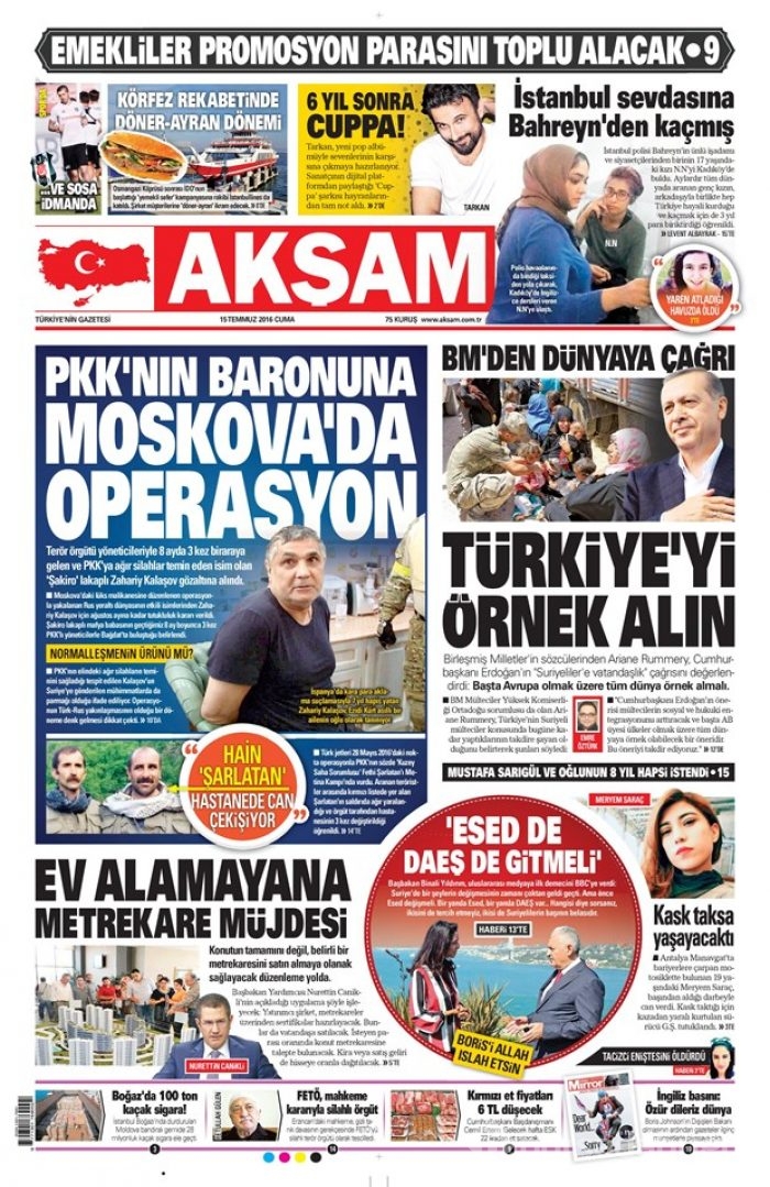 Günün gazete manşetleri 15 Temmuz 2016