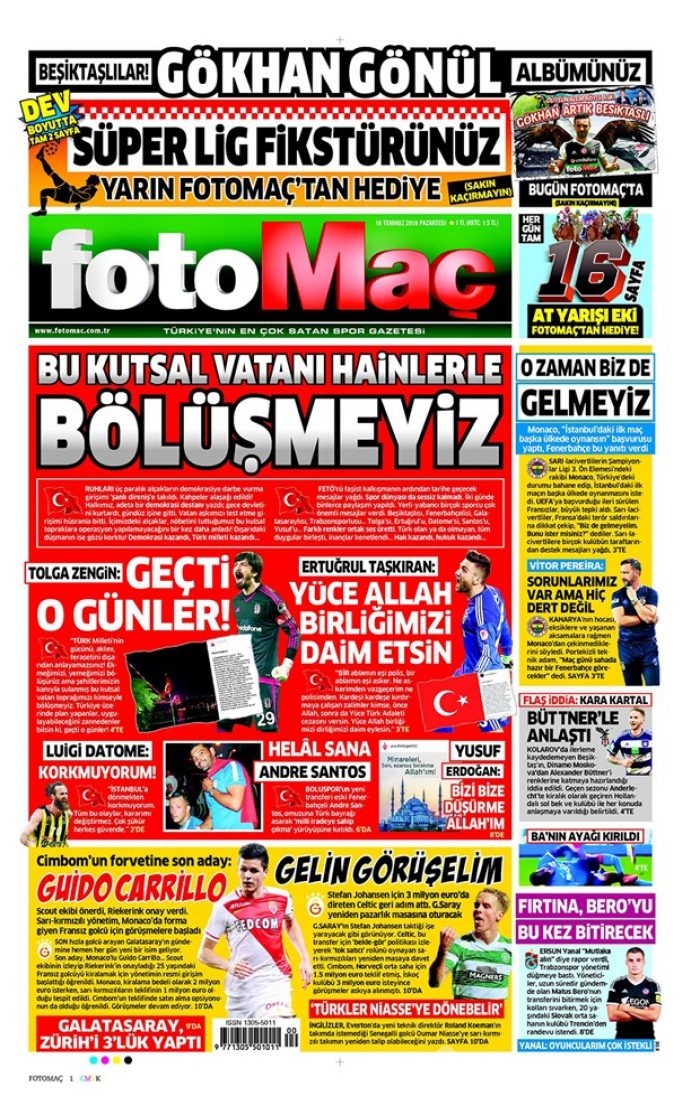  Günün gazete manşetleri 18 Temmuz 2016