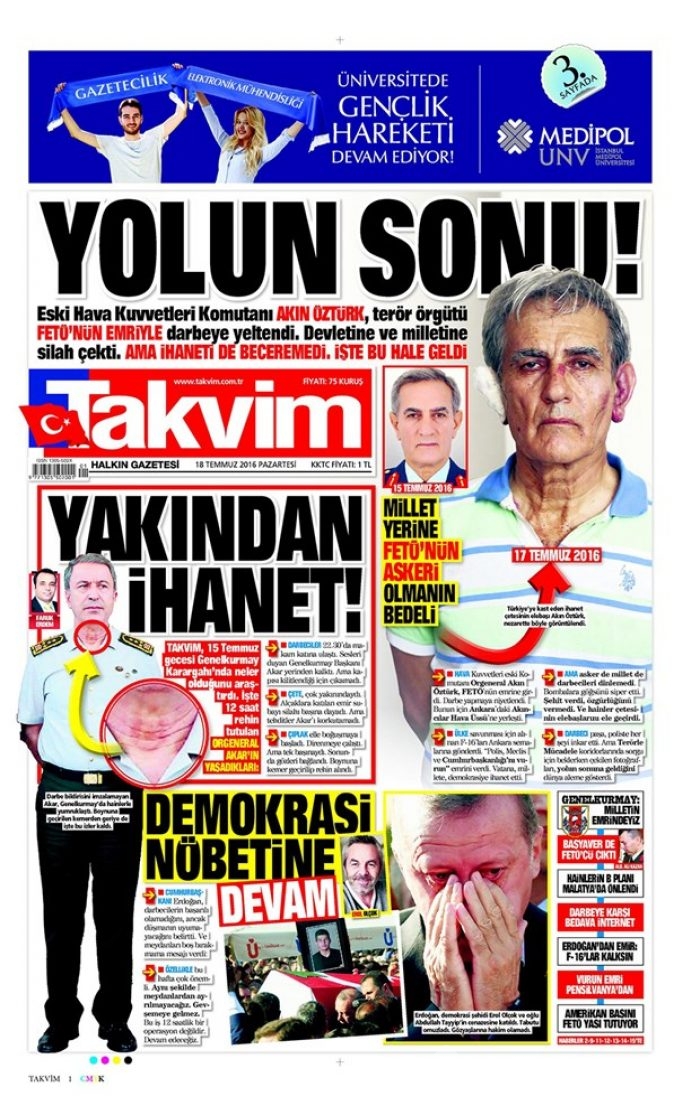  Günün gazete manşetleri 18 Temmuz 2016