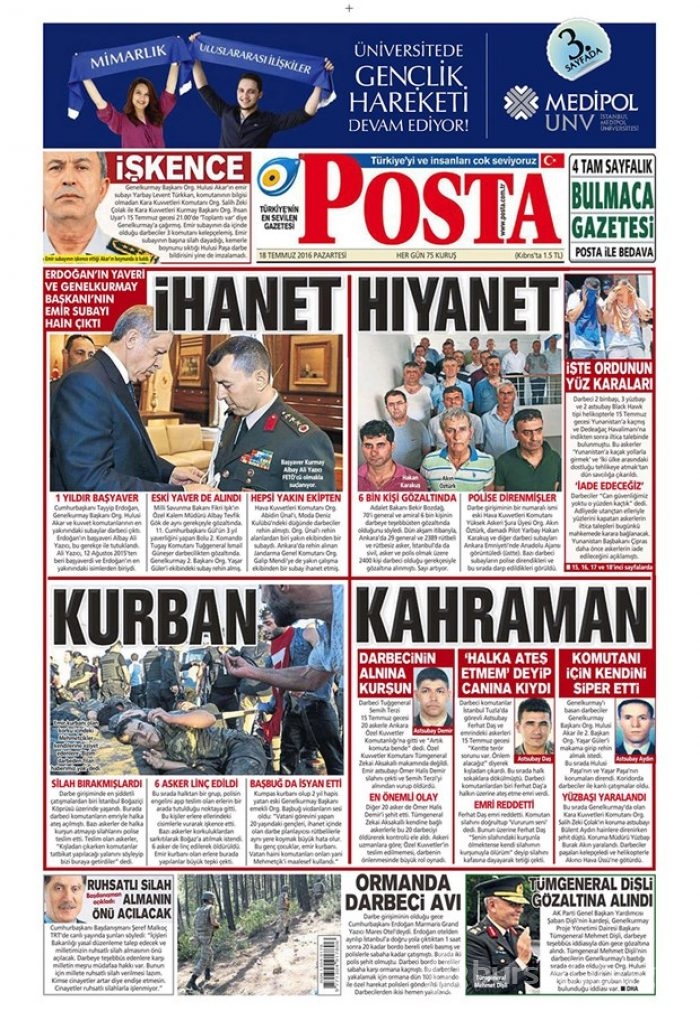  Günün gazete manşetleri 18 Temmuz 2016