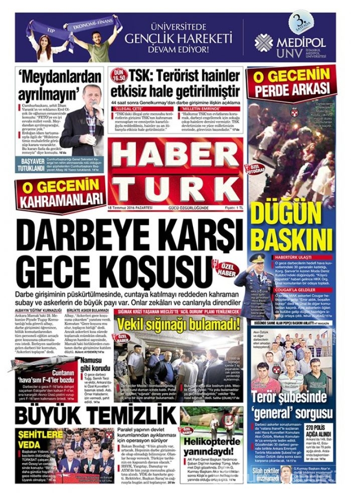  Günün gazete manşetleri 18 Temmuz 2016