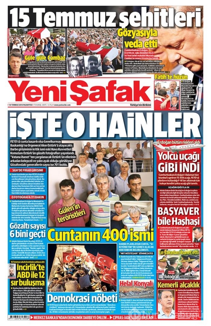  Günün gazete manşetleri 18 Temmuz 2016