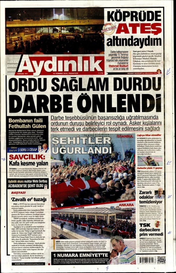  Günün gazete manşetleri 18 Temmuz 2016