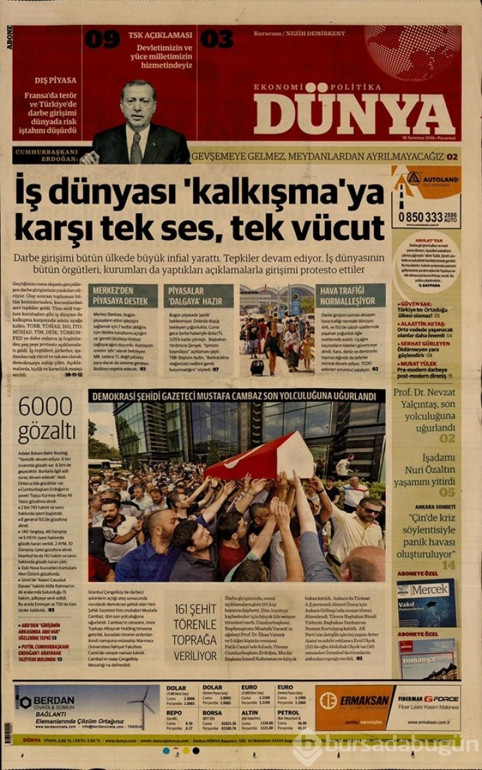  Günün gazete manşetleri 18 Temmuz 2016