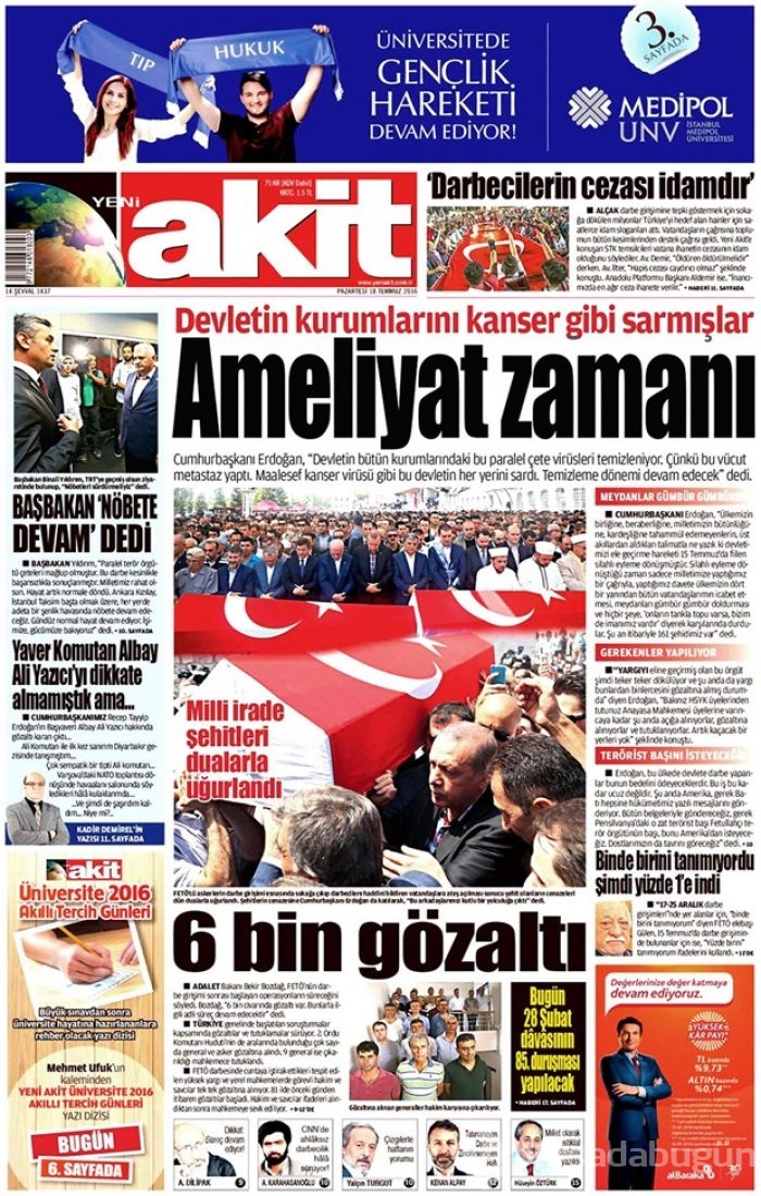  Günün gazete manşetleri 18 Temmuz 2016