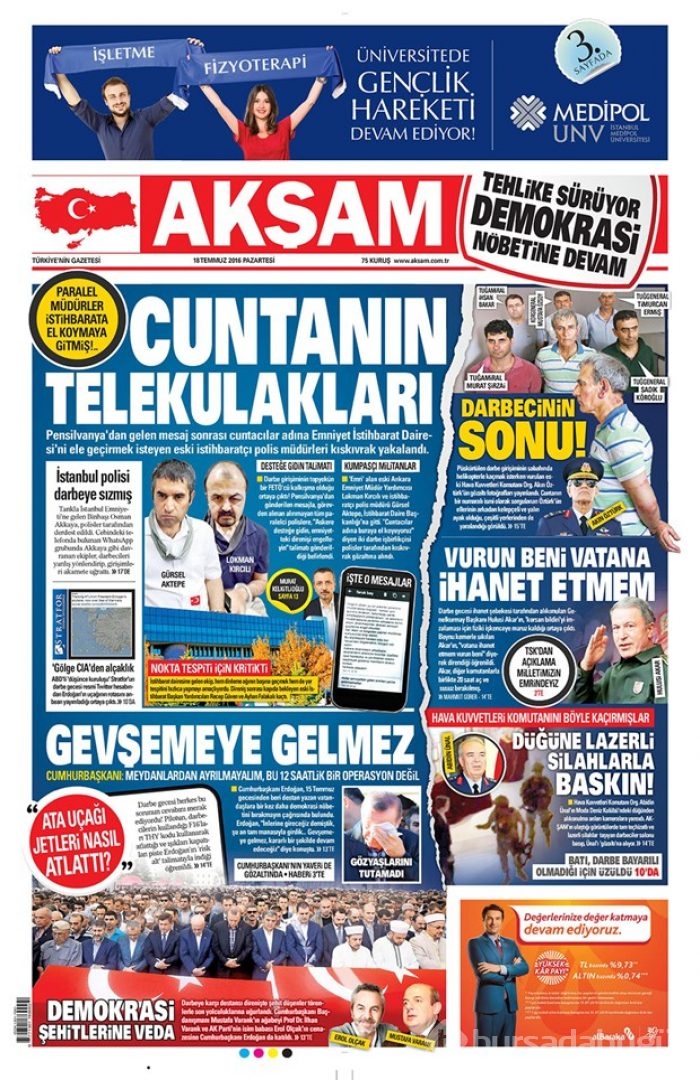  Günün gazete manşetleri 18 Temmuz 2016