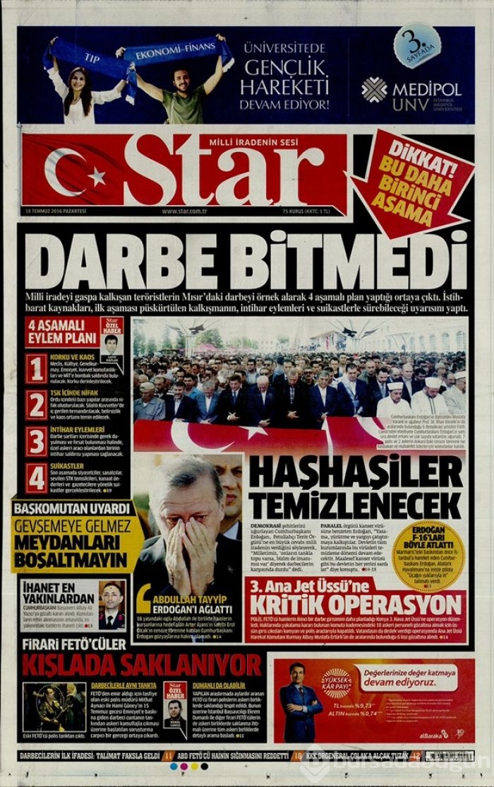  Günün gazete manşetleri 18 Temmuz 2016