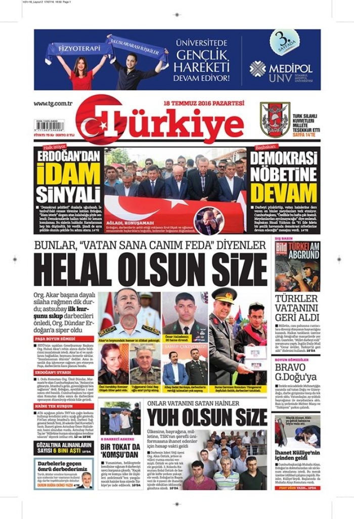  Günün gazete manşetleri 18 Temmuz 2016