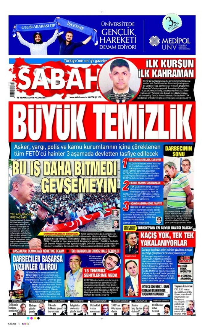  Günün gazete manşetleri 18 Temmuz 2016