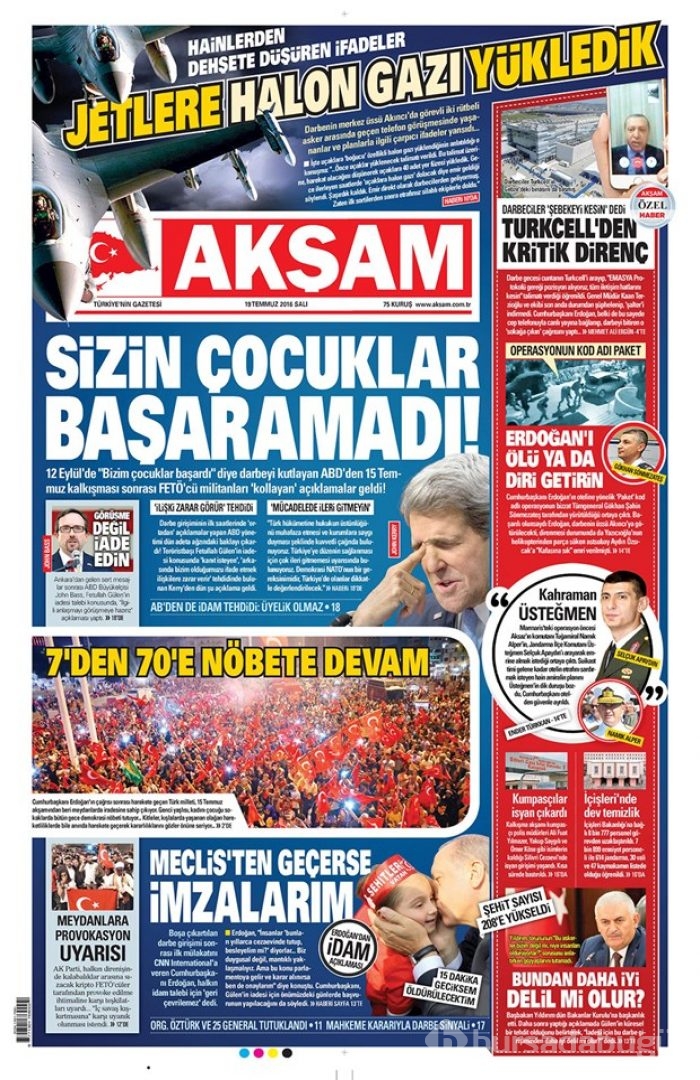 Günün gazete manşetleri  19 Temmuz 2016