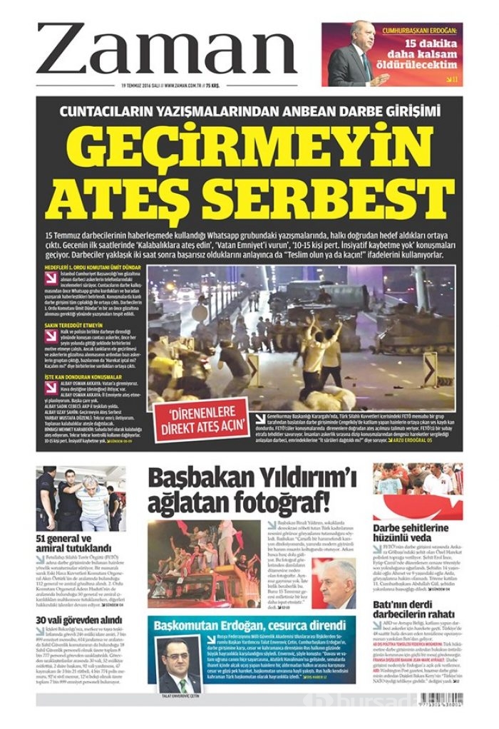 Günün gazete manşetleri  19 Temmuz 2016