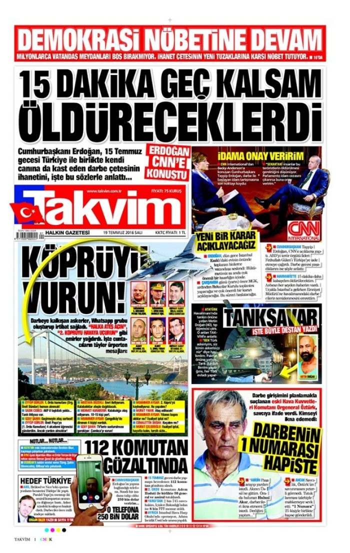 Günün gazete manşetleri  19 Temmuz 2016