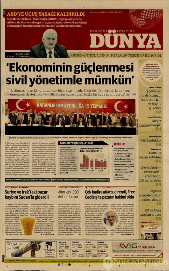 Günün gazete manşetleri  19 Temmuz 2016