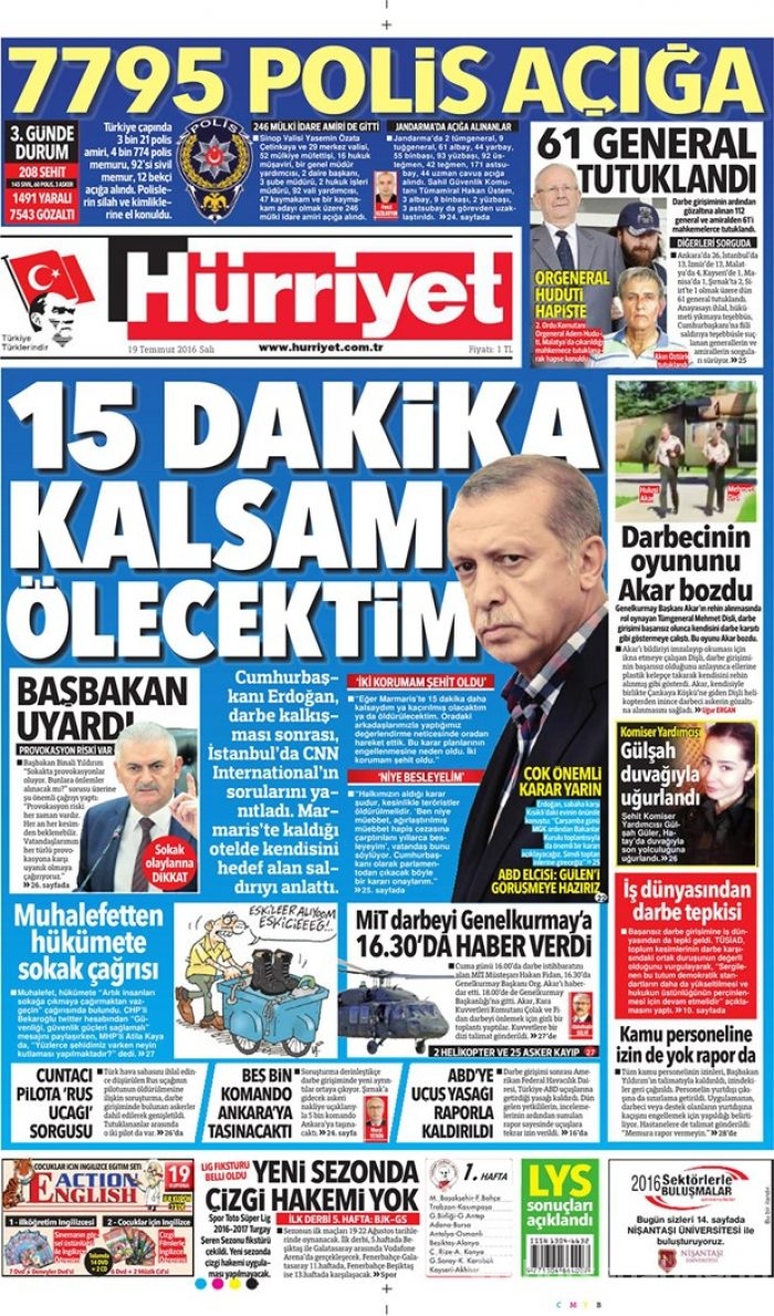 Günün gazete manşetleri  19 Temmuz 2016